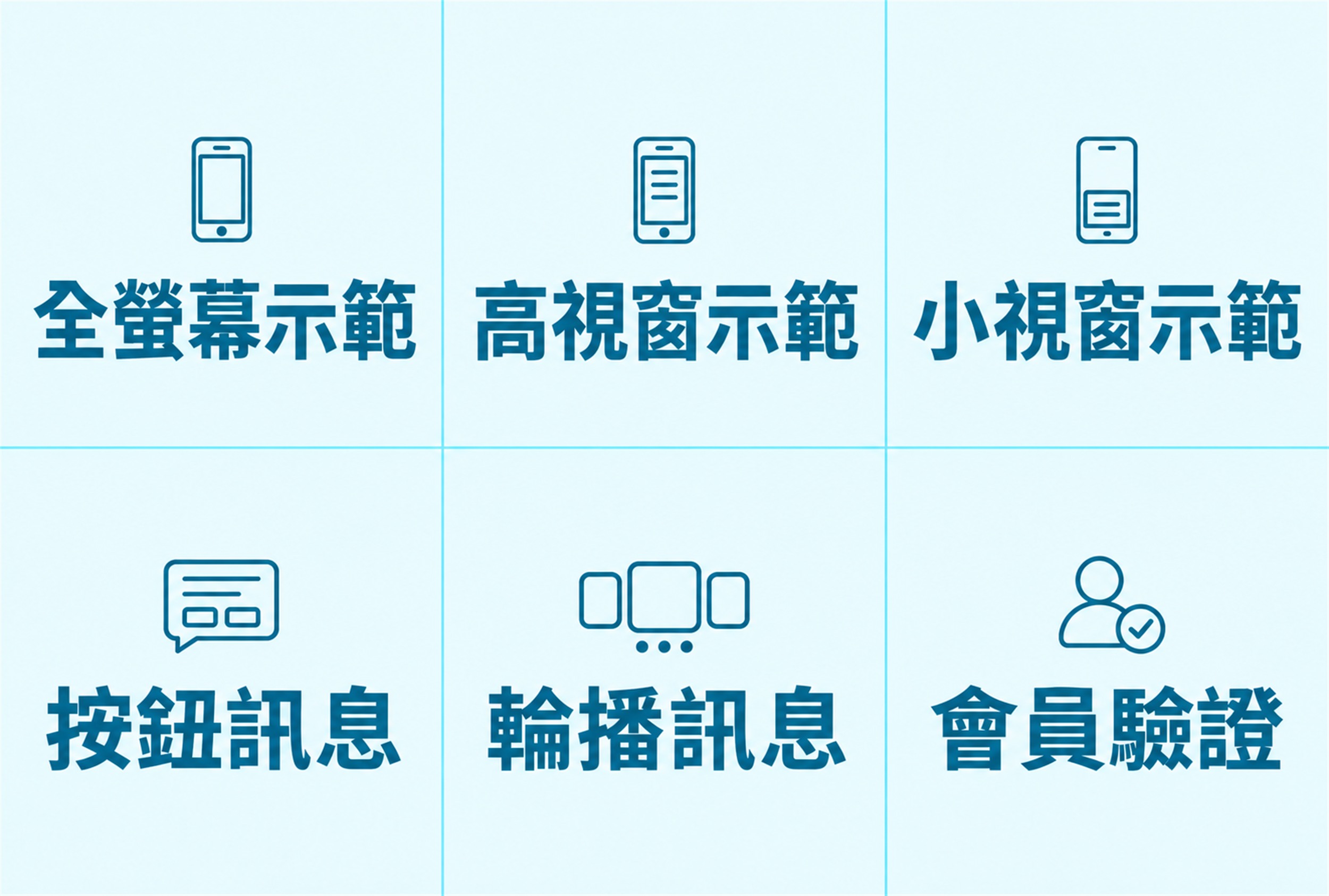 六格圖文選單:全螢幕示範、高視窗示範、小視窗示範、按鈕訊息、輪播訊息、會員驗證